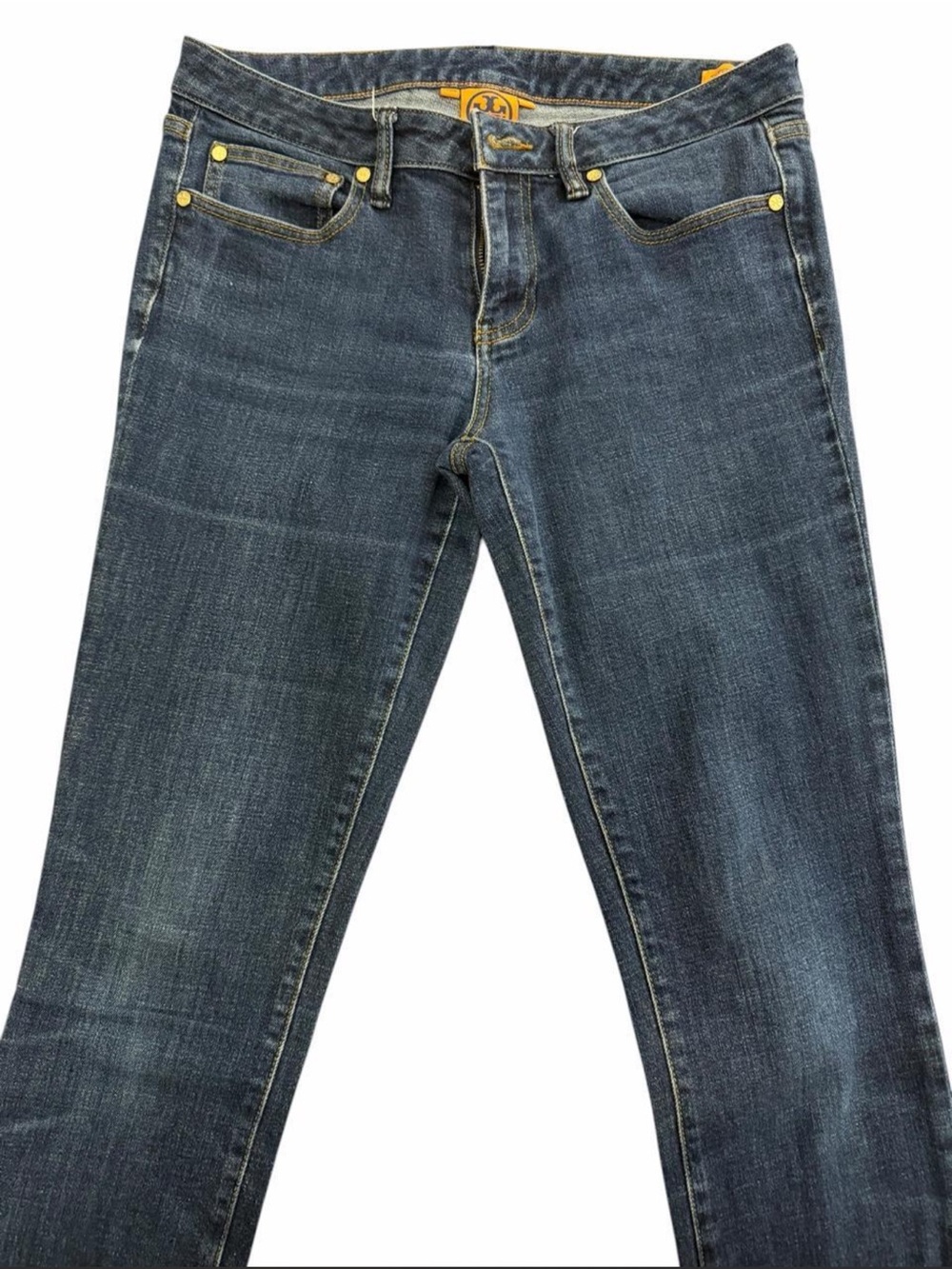 Tory Burch Dark Blue Straight Leg Jeans with Gold Hardware